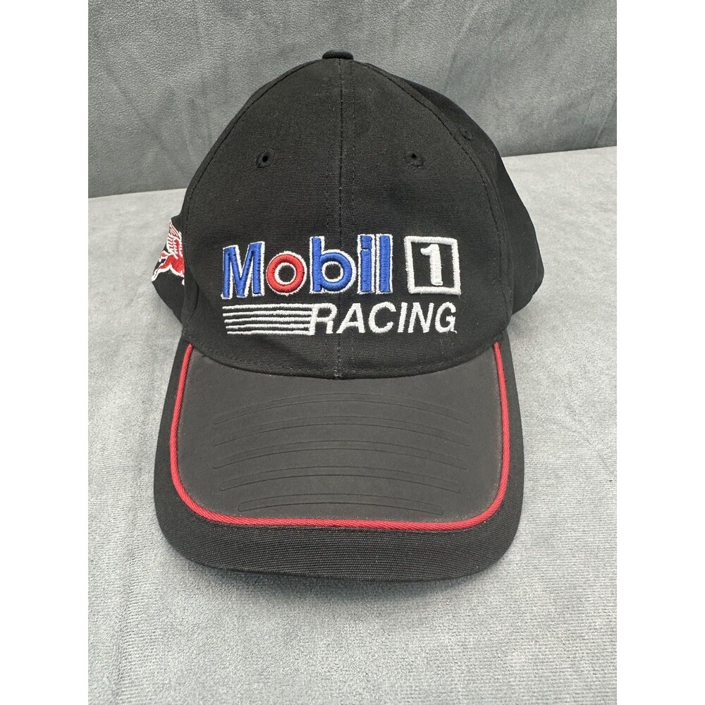 Mobil 1 Racing Hat Cap Strap Back Black NASCAR Auto Racing Mens Pegasus Logo Red